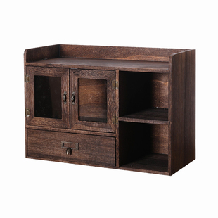 桌面收纳盒三抽屉办公盒桌上置物架实木收纳柜化妆品书架书橱开门