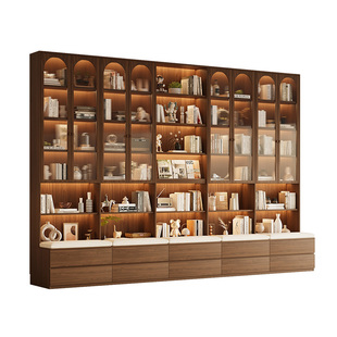 中古风简约实木书柜客厅展示柜玻璃门储物柜去客厅化书柜一体整墙