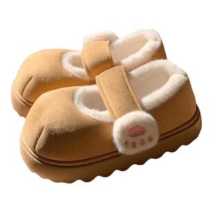 细细条可爱猫爪厚底防滑棉拖鞋女生冬季室内外保暖全包跟毛绒棉鞋