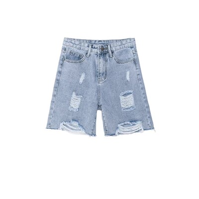 五分牛仔短裤女直筒宽松夏2026新款高腰5分阔腿破洞中裤子