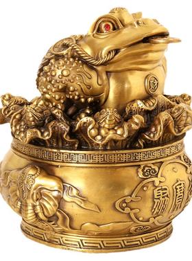 铜百财金蟾聚宝盆客厅摆件大号