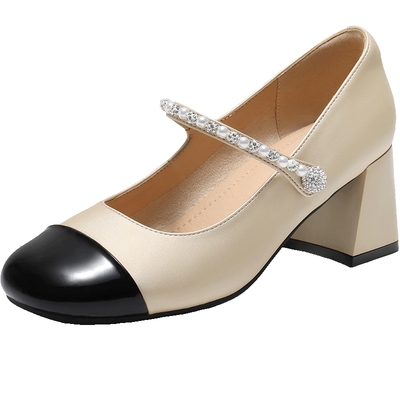 百丽女鞋子小香风粗高跟法式玛丽珍鞋新款方头浅口单鞋B2607AQ5