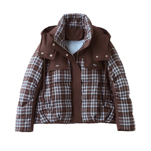 格子拼接短款羽绒服女2025冬季新款减龄时尚小个子白鸭绒加厚外套