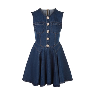 莱茵福莱尔2025新款高端修身A字短款收腰蓝色牛仔无袖连衣裙女夏