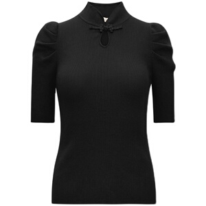 naivee纳薇23秋新款新中式文艺盘扣镂空水滴领修身泡泡袖针织上衣