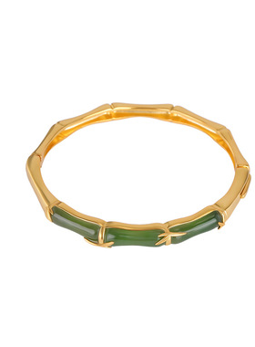 山予棠S925纯银镀金和田玉碧玉复古国风竹节竹叶手镯分色电镀手环