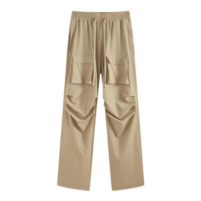 春夏高街设计感褶皱宽松直筒速干工装裤情侣OS嘻哈休闲伞兵长裤子