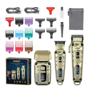 VGR复古金属理发师组合 油头智能电推剪3件套 电动剃须剃头理发剪