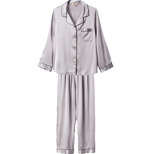 金三塔真丝情侣睡衣女夏长袖套装两件套100%桑蚕丝春秋分体家居服