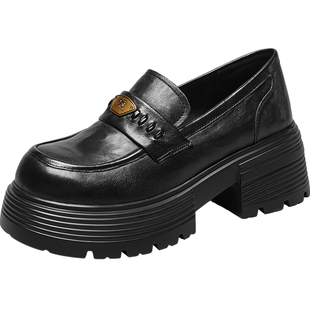 意尔康真皮乐福鞋女厚底2026春季新款增高不累脚jk小皮鞋单鞋黑色