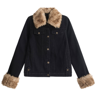 【25年冬】UNIFREEPLUS大码巴恩风牛仔外套毛毛领拼接加厚棉衣