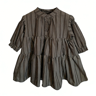 唯暖童装女童条纹连衣裙2026新款春季复古港风裙宽松简约衬衫长裙