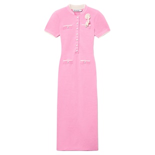 self-portrait 2025秋冬新款粉红色短袖羊毛混纺针织连衣裙