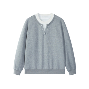 400g重磅灰色假两件亨利领无帽卫衣男款春季新款圆领长袖上衣男生