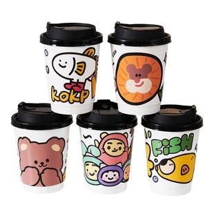 一次性卡通加厚咖啡纸杯300/400ml奶茶打包外带隔热饮杯双层中空