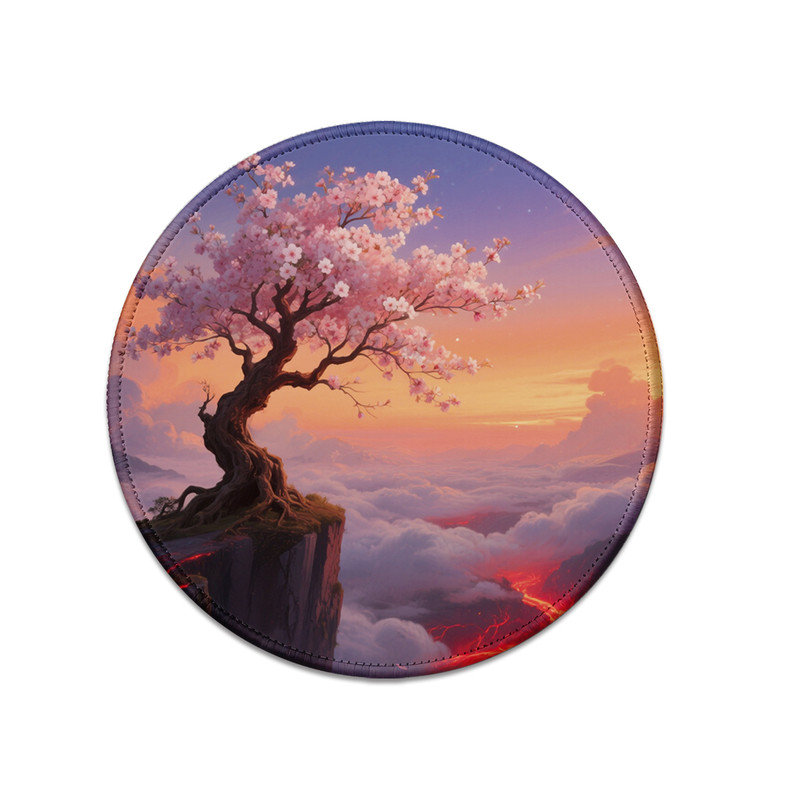 云海悬崖樱花树圆形鼠标垫唯美落日风景办公电脑锁边耐磨小桌垫子