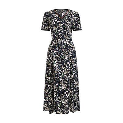 马天奴宝蓝色V领碎花连衣裙