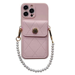 小香风格纹山茶花卡包适用opporeno15手机壳reno14/13/12pro珍珠手链reno11保护套findx9/8女A6全包A5/A3防摔