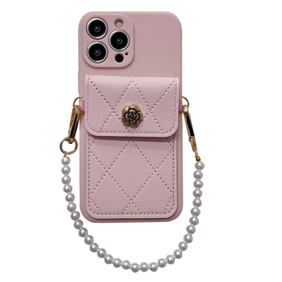 小香风格纹山茶花卡包手机壳斜跨