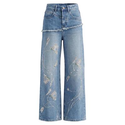 TCH春夏烫钻牛仔裤女复古做旧高腰显瘦毛边拼接直筒裤T78A20E1156