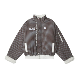 Double L2 美式复古双面穿格子立领棉服女羊羔毛加厚保暖棉衣外套