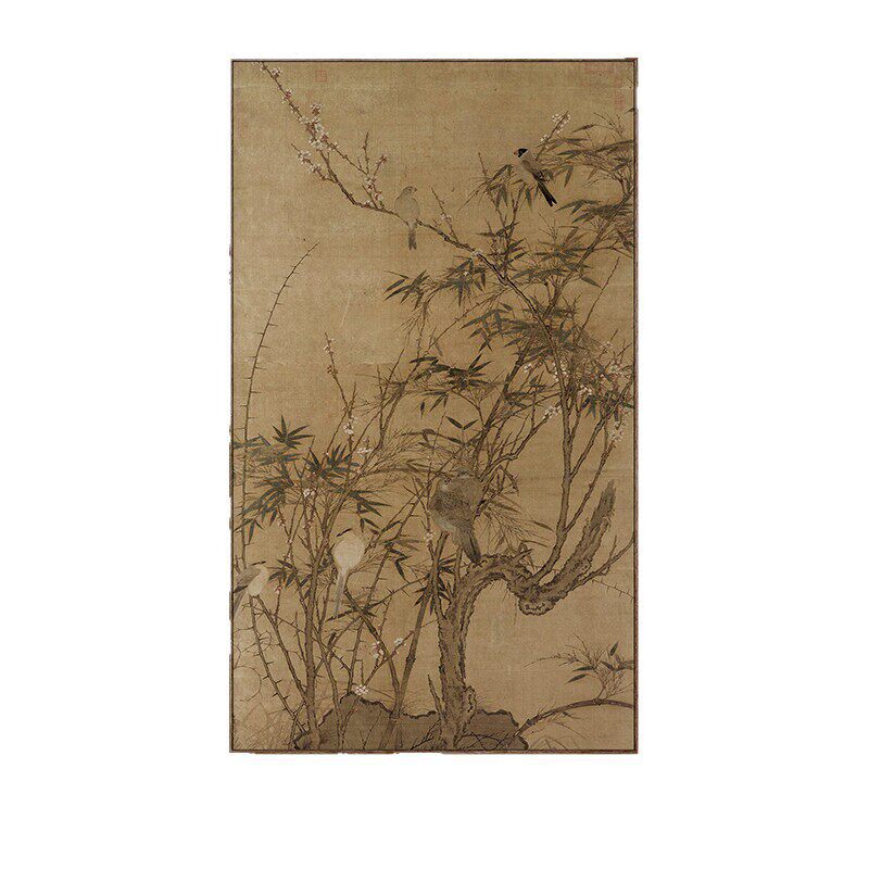 梅竹聚禽图 中古风玄关柜装饰画现代装饰画