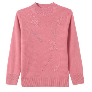 100%纯羊毛半高领毛衣中老年女装红色打底衫妈妈装上衣本命年气质