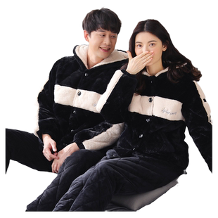 三昌睡衣冬季加厚加绒男珊瑚绒女三层夹棉情侣连帽家居服可外穿冬