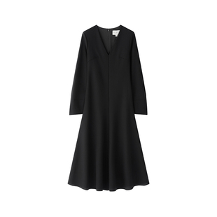 Into Fiction 可机洗羊毛长裙法式V领修身大摆伞裙秋冬长袖连衣裙