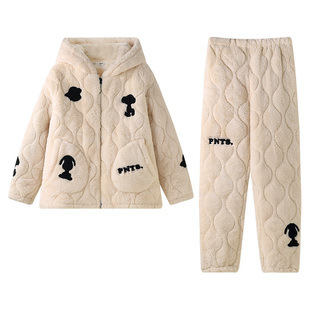 贝妍史努比睡衣女冬季加厚珊瑚绒夹棉家居服保暖棉袄情侣大码套装