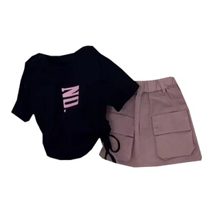 女童短袖套装2025夏季新款宝宝字母印花T恤工装裤儿童女两件套潮