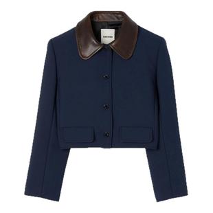 SANDRO2025秋冬新款女装法式简约深蓝色做旧皮革翻领短款上衣外套