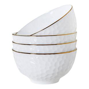 金边米饭碗高脚骨瓷面碗家用陶瓷中式小汤碗浮雕创意吃饭碗多个装