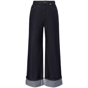 FF仿佛直筒牛仔裤复古翻边高腰女2025秋季新款宽松显瘦长裤阔腿裤