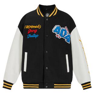 404MOB毛巾锁链刺绣字母棒球服2025秋季新款毛呢PU皮拼接夹克外套