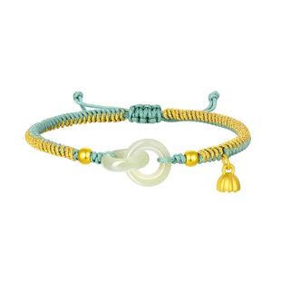 周大生黄金镶和田玉手链女双环平安扣手串送女友新年礼物送妈妈