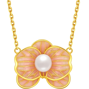 潮宏基花韵蝴蝶兰s925银珍珠项链银饰坠链新中式锁骨链妇女节礼物