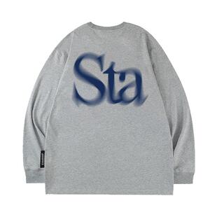 STA美式潮流小众纯色晃边logo宽松情侣纯棉重磅长袖t恤男女打底衫