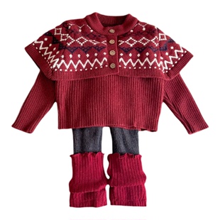 英国NEXT SKK女宝宝拜年服套装春秋冬加厚针织衫女童新年披肩毛衣