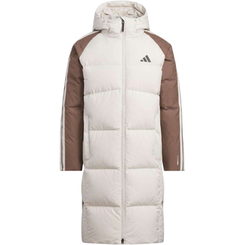 adidas阿迪达斯男子户外运动保暖三条纹长款连帽羽绒服外套KQ5495