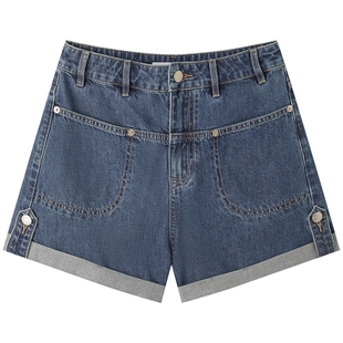太平鸟女装夏季笑脸纽扣假拼接时尚休闲气质牛仔短裤A1HBE253811