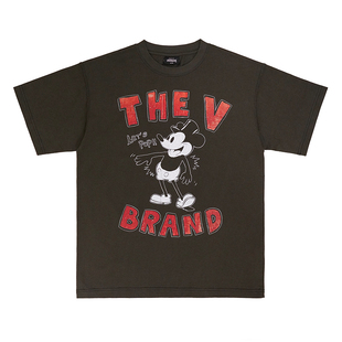 THE V BRAND美式街头嘻哈潮流复古做旧米奇米老鼠宽松百搭短袖T恤