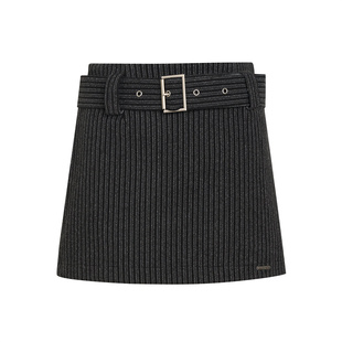 Liilou  Geek chic 粗纺竖条纹 高腰自带腰带直筒短款半裙