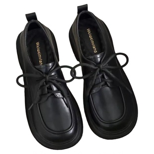 黑色英伦小皮鞋女春季2026新款软底单鞋系带乐福鞋大码女鞋41到43