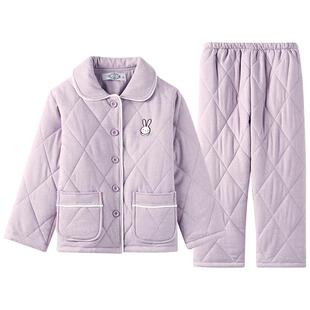 美标男女童三层保暖夹棉睡衣套装冬儿童可爱女孩全棉咖啡碳家居服