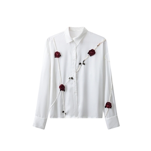 介尺JIECHI「暗涌玫瑰」高级感休闲宽松醋酸白色宽松长袖衬衫男