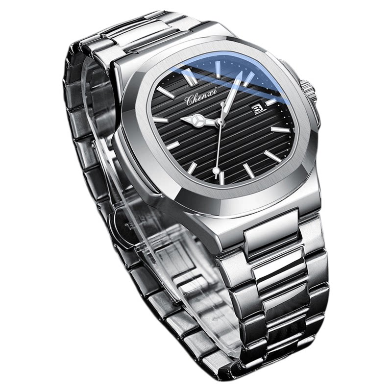 晨曦扫秒机芯透底镂空机械钢带男士手表夜光时尚商务日历石英腕表