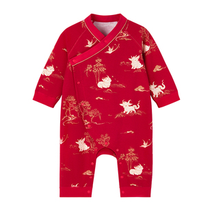 全棉时代婴儿连体服宝宝婴儿服新生儿针织连体服红色新年拜年服