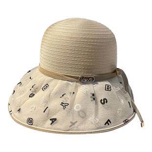 时尚字母印花遮阳帽子女春夏旅游度假可折叠欧根纱拼接大檐渔夫帽