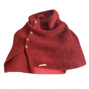 含羊毛 时髦慵懒风披肩斗篷冬季高领保暖韩国ins纽扣毛线针织外搭